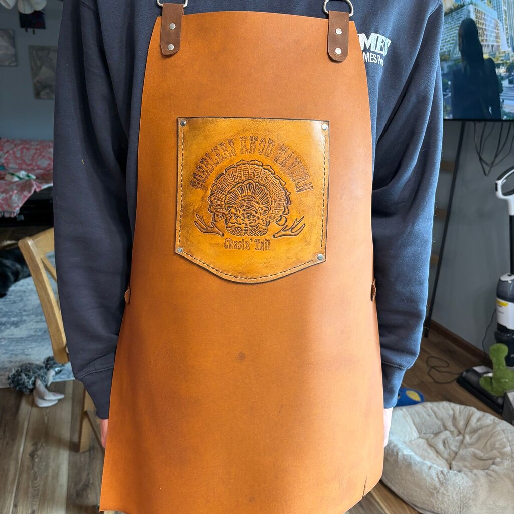 A leather apron made with Katahdin odd lot leather.