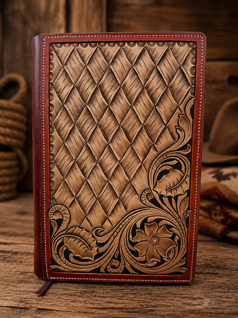 A bible cover made from Hermann Oak A/B branded leather.