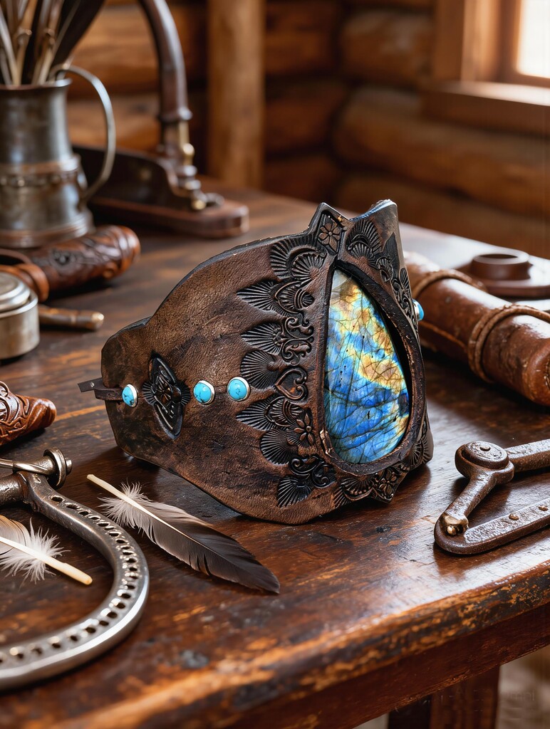 Leather Cuff Bracelet Labradorite Gemstone Hand Tooled Western Design